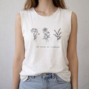 Upcycled 100% Cotton No Rain No Flowers Nature Inspired Tee ~ Off-white ~ Small